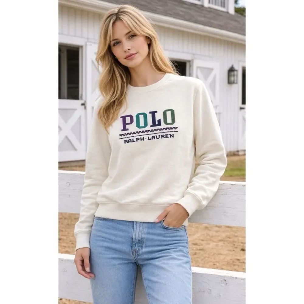 RARE Polo Ralph Lauren Knit Embroidered Logo Fleece Sweatshirt in Ivory Size M